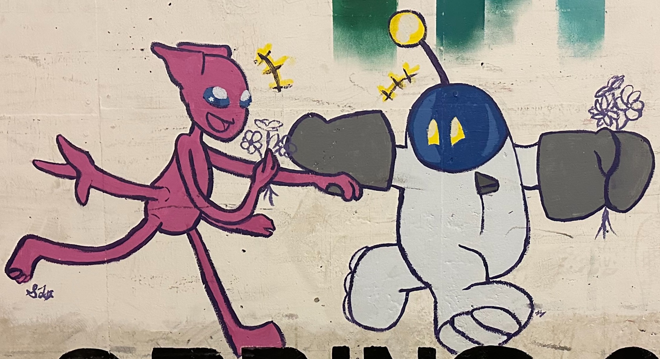 Happy Pink Alien & Grey Robot